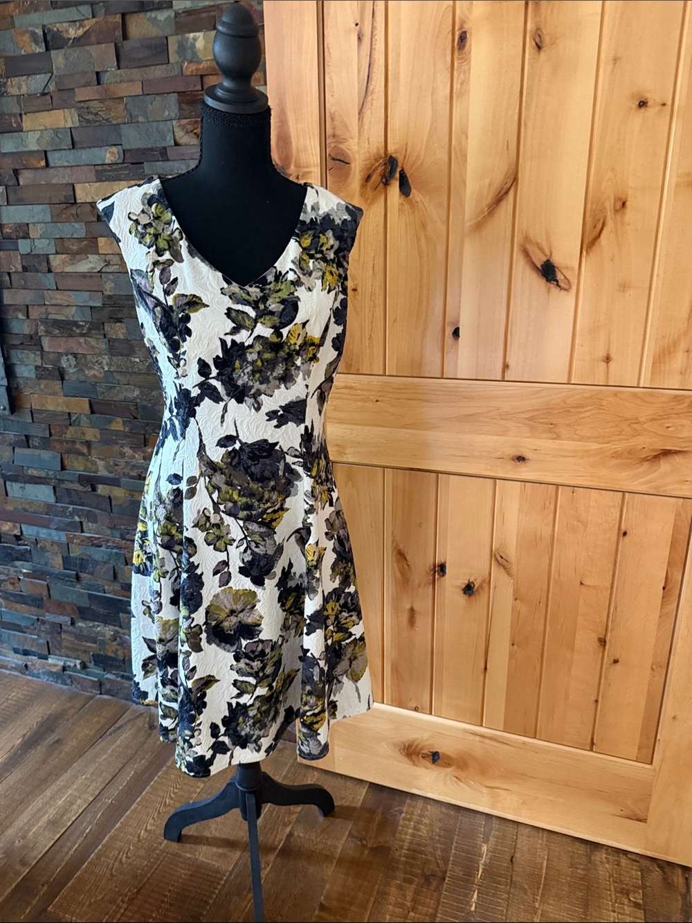 Floral V-Neck Midi Dress in White with Olive & Black Print party dress